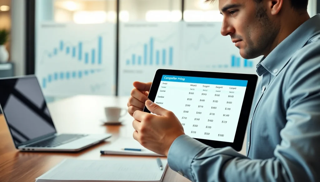 Find competitor pricing effectively with a professional analyzing data on a tablet in a modern office setting.