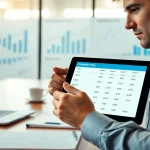 Find competitor pricing effectively with a professional analyzing data on a tablet in a modern office setting.