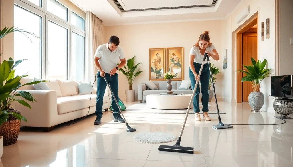Engaging deep cleaning services Dubai in action at a luxurious apartment, showcasing cleanliness and professionalism.