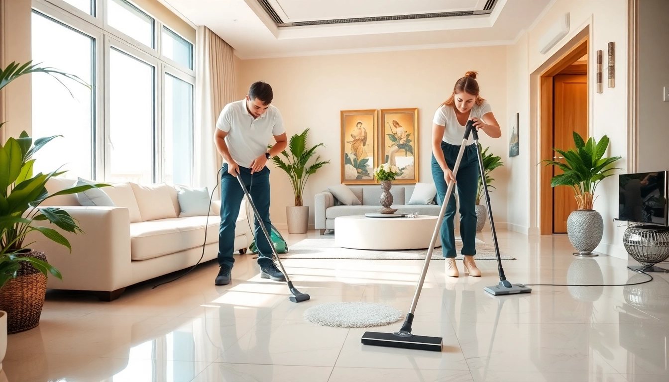 Engaging deep cleaning services Dubai in action at a luxurious apartment, showcasing cleanliness and professionalism.