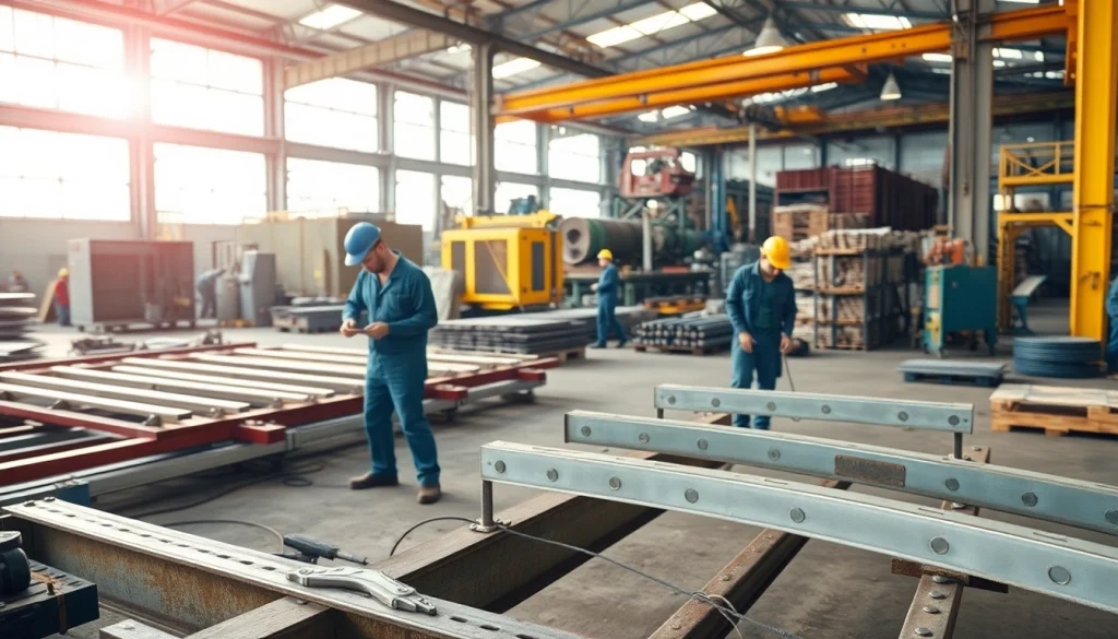 Workers actively engaged in a steel fabrication shop creating custom metal structures.
