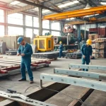 Workers actively engaged in a steel fabrication shop creating custom metal structures.