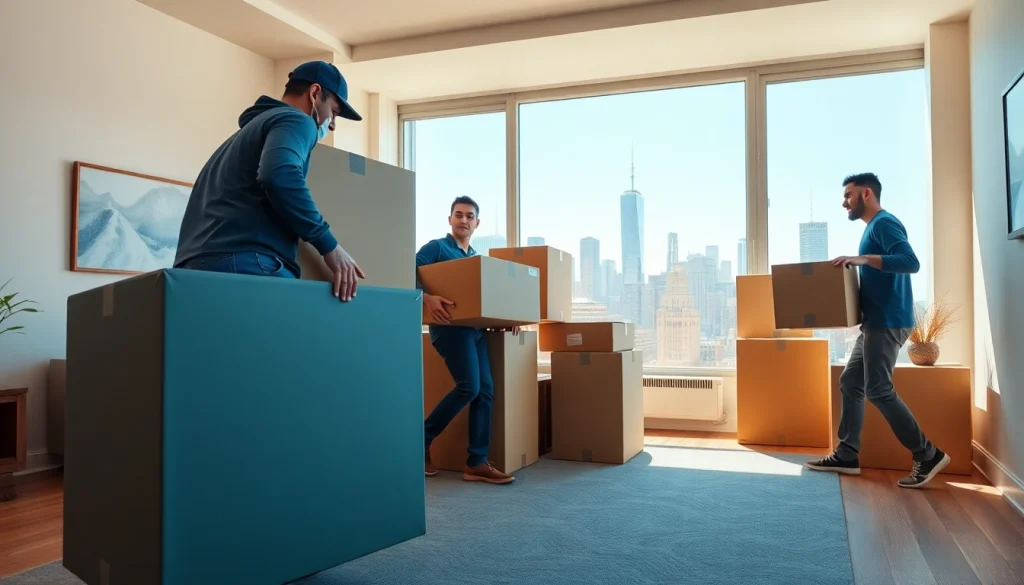 Manhattan movers efficiently transporting boxes within a bright apartment, showcasing professionalism.