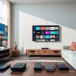 Compra Listas IPTV en una sala de estar moderna con servicios de streaming vibrantes.