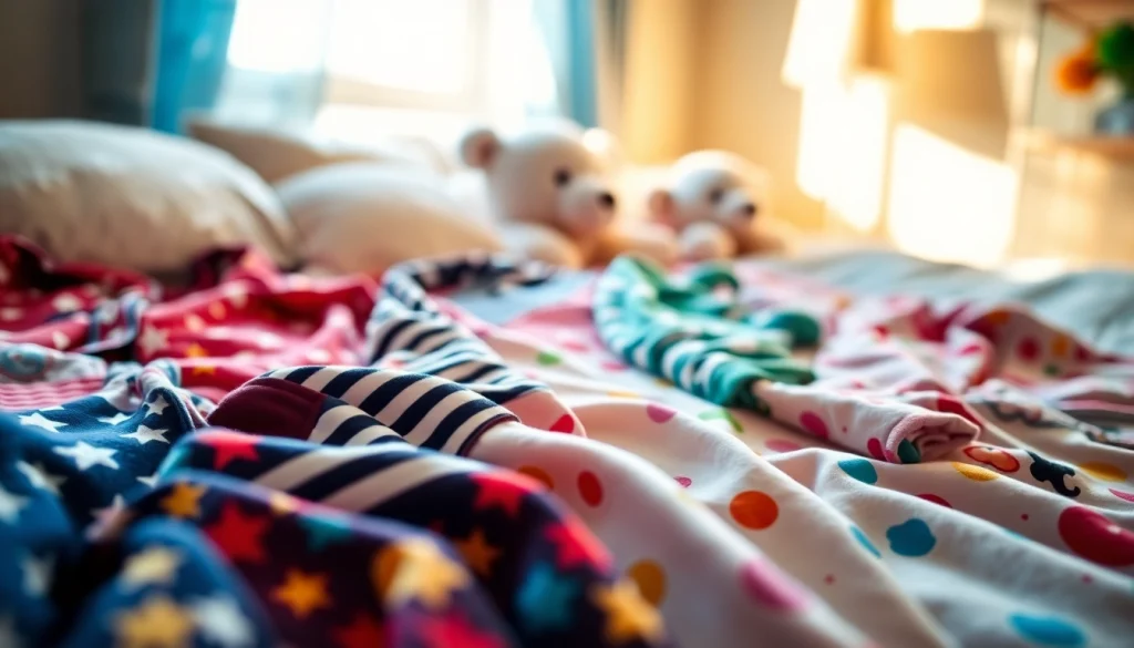 Kids pajamas showcased in a cozy setting with colorful patterns and plush toys.