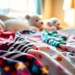 Kids pajamas showcased in a cozy setting with colorful patterns and plush toys.
