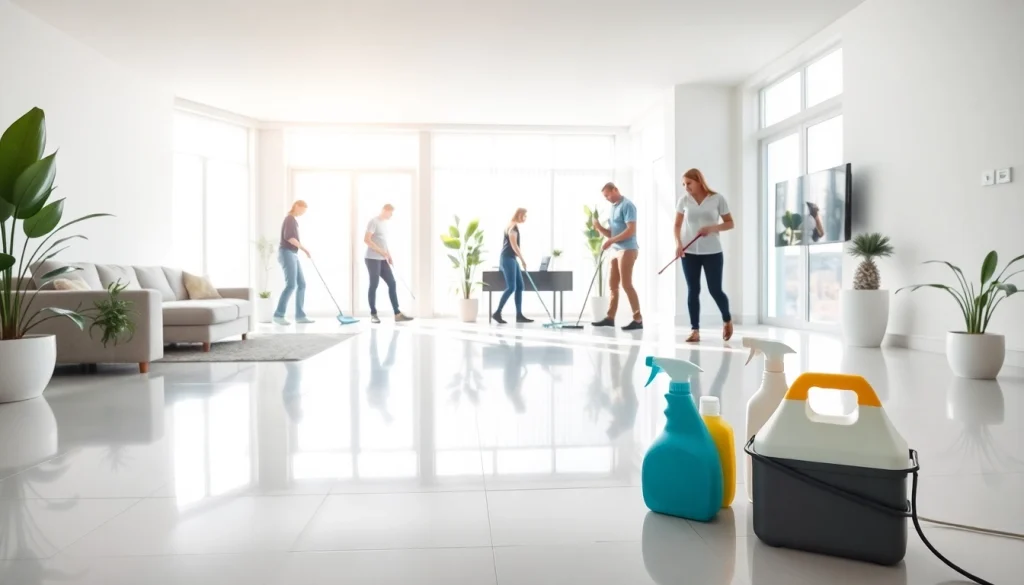 Bond cleaning team thoroughly cleaning a bright and spacious living room with polished floors.