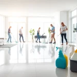 Bond cleaning team thoroughly cleaning a bright and spacious living room with polished floors.