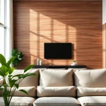 Highlighting fake wood wall panels in a stylish living room setting with natural lighting.