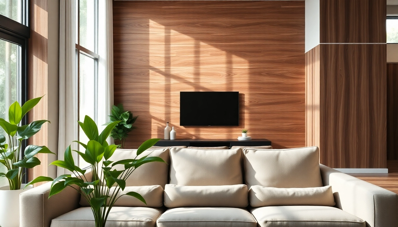 Highlighting fake wood wall panels in a stylish living room setting with natural lighting.