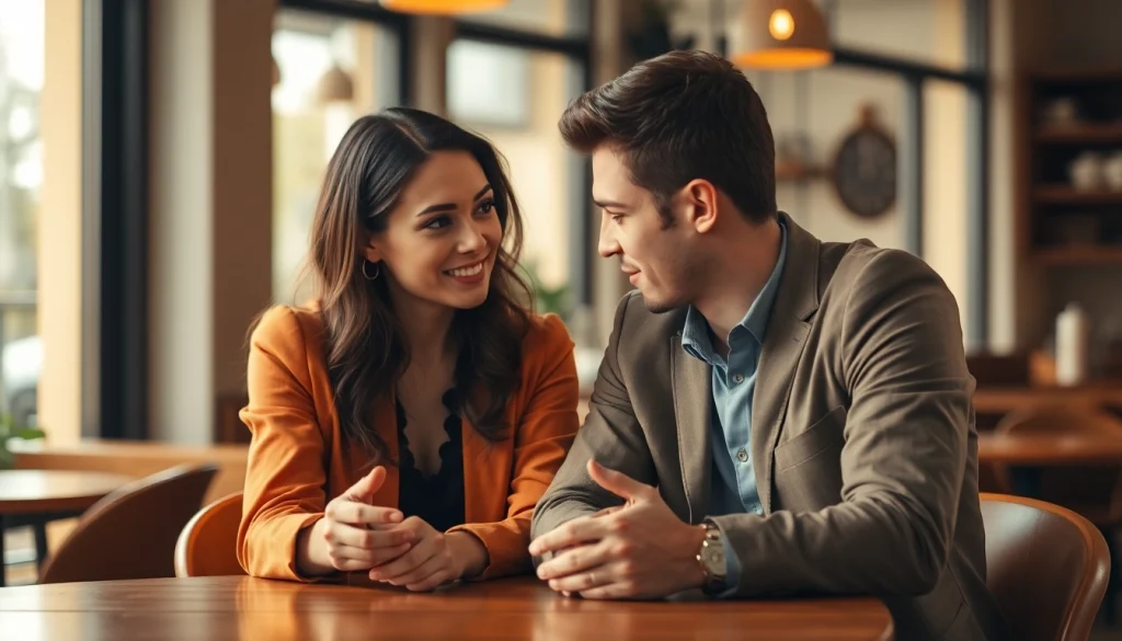 Couple demonstrating effective communication in relationships at a café, emphasizing connection and understanding.