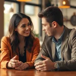 Couple demonstrating effective communication in relationships at a café, emphasizing connection and understanding.