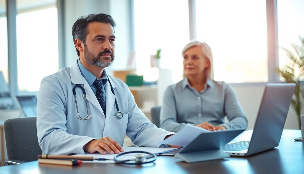 Dr. Parker engaging with a patient in a well-lit medical office, showcasing a caring environment.