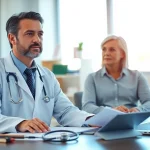Dr. Parker engaging with a patient in a well-lit medical office, showcasing a caring environment.