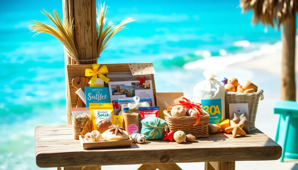 Showcasing vibrant 30a gifts on a beachside table with cheerful ocean views.