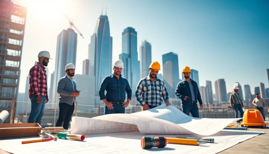 Capture a professional scene of a New York Commercial General Contractor team collaborating on an urban construction project.