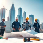 Capture a professional scene of a New York Commercial General Contractor team collaborating on an urban construction project.