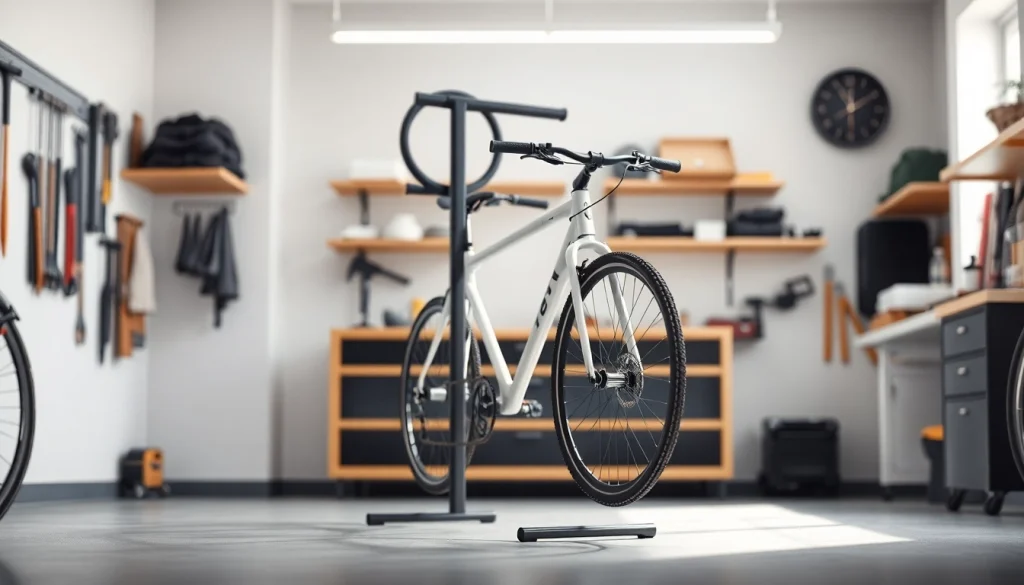 Discover a modern space-saving bike rack holding bicycles, showcasing efficient garage organization.