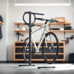 Discover a modern space-saving bike rack holding bicycles, showcasing efficient garage organization.