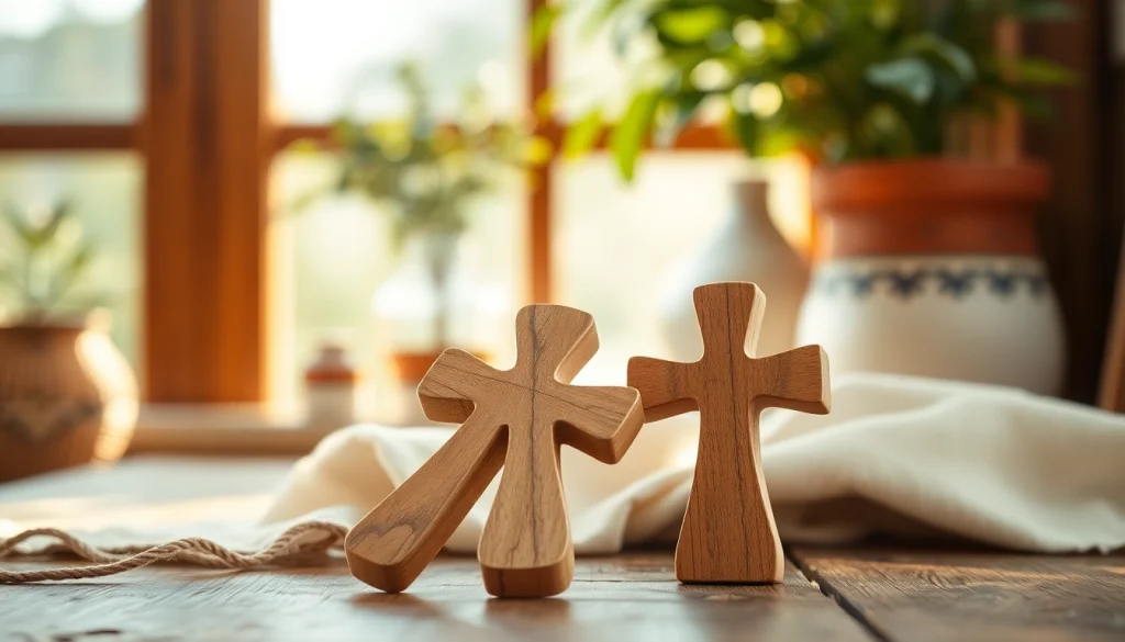Crafting stunning handmade crosses from olive wood on a rustic wooden table.