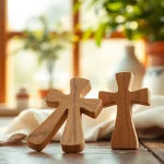 Crafting stunning handmade crosses from olive wood on a rustic wooden table.